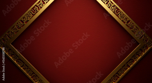Deep red background with fabric-like textures and embossed golden elements, luxurious oriental style.