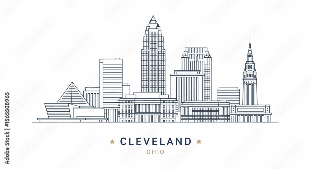 Obraz premium Line Art Illustration of Cleveland, Ohio Skyline with Modern and Historical Buildings