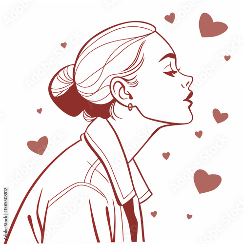 Elegant woman profile with hearts fashion hair bun