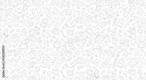 White background filled with colorful doodles and cute school icons, sketchbook style, educational and fun.