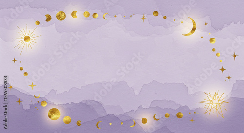 Soft lilac background with golden celestial shapes and stars, boho minimalist style with mystical vibes.