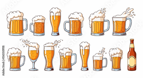 Collection of Cartoon Beer Glasses and Bottle, Various Styles and Foaming