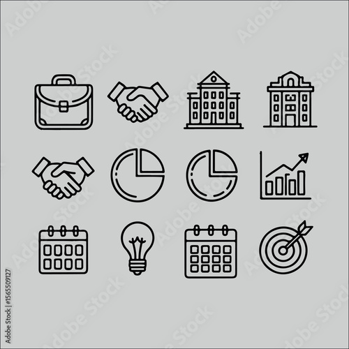 Business and Finance Iconography: A visually organized collection of clean, line-art icons, illustrating fundamental business concepts. conveying the essence of commercial and financial processes.