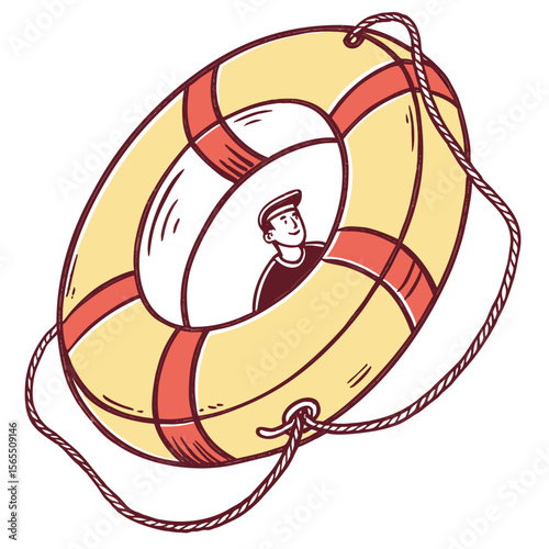 Man inside yellow life preserver with red stripes lifebuoy