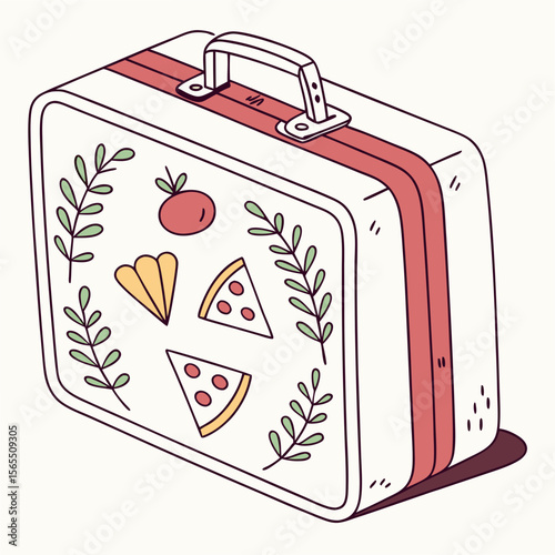 Retro lunchbox with pizza and tomato vintage food
