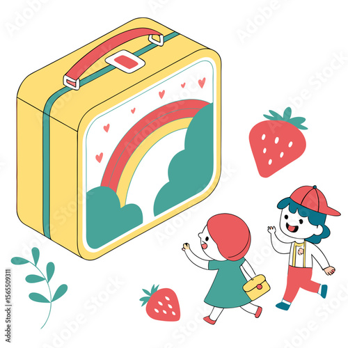 Children running towards lunchbox with strawberries