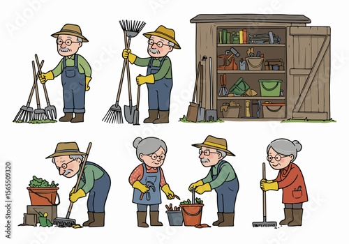 Set of illustrations showing elderly man and woman gardening, working with tools, and a garden shed full of equipment, isolated on white.