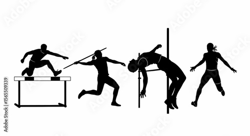 Silhouetted Athletes Performing Track and Field Events on White Background