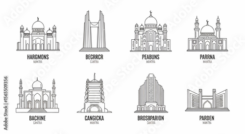 Outline Drawings of Six City Skylines, Hargomons, Becrrcr, Peabunts, Parrna, Bachine, and Cangicka Mantras