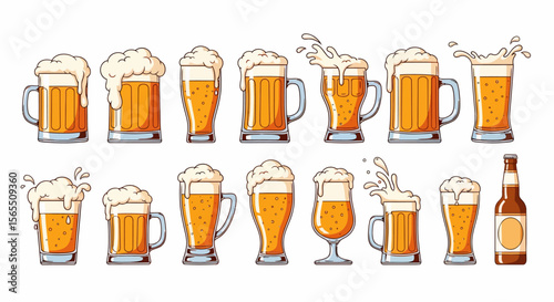 Cartoon Beer Collection: Mugs, Glasses, and Bottle with Frothy Heads on White