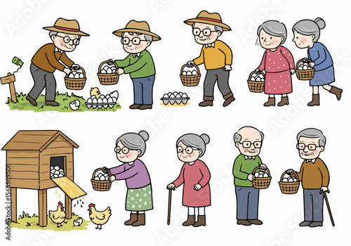 Charming cartoon illustration of elderly people collecting fresh eggs from chickens on a farm, depicting rural life and sustainable food.