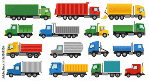 Collection of Colorful Flat-Style Trucks: Diverse Cargo and Dump Trucks in Various Colors and Configurations