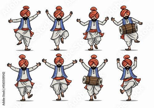 Bhangra dance illustrations featuring men in traditional Punjabi attire dancing and playing the dhol drum, isolated on a white background.