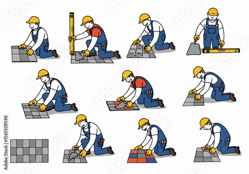 Illustration sequence showing steps for laying floor tiles by a construction worker, a how-to guide for home renovation or DIY projects.