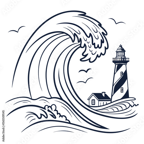 Lighthouse facing crashing wave and seagulls ocean