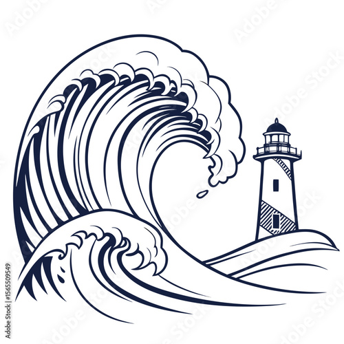 Majestic wave and lighthouse ocean storm