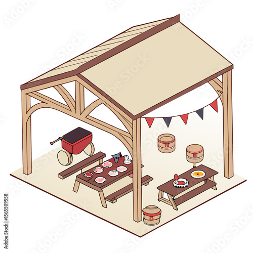 Wooden picnic shelter with food and decorations tables
