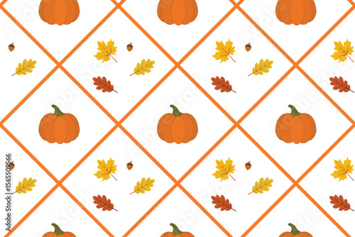 Seamless vector pattern featuring pumpkins, autumn leaves, and diagonal plaid background. Cozy fall design perfect for seasonal fabrics, wrapping paper, digital scrapbooking, and decor.