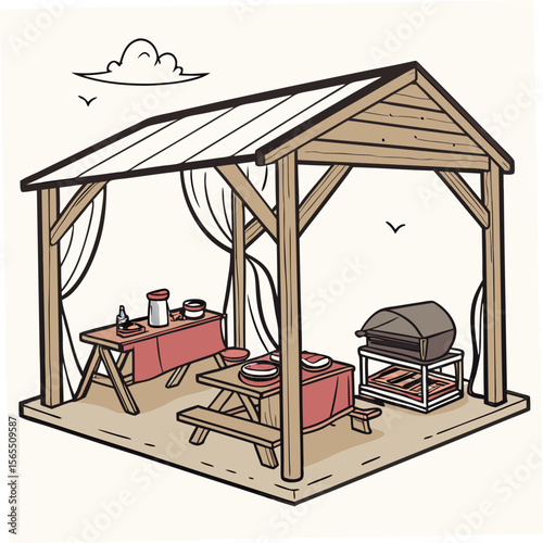 Wooden gazebo with picnic tables and grill outdoor