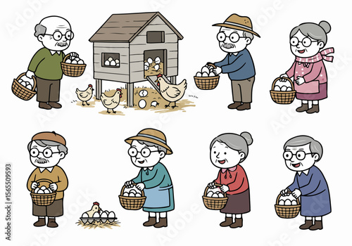 Collection of illustrations showing elderly people happily collecting fresh eggs from a chicken coop on a farm, depicting rural life and simple pleasures.