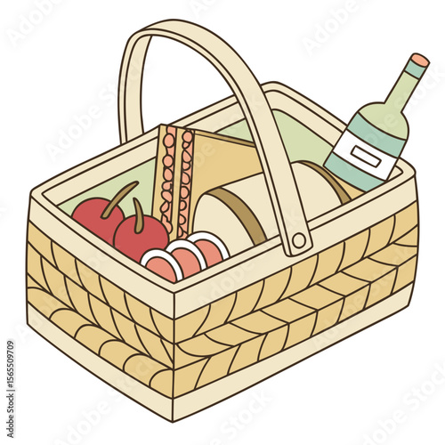 Picnic basket with cherries bottle and food wine