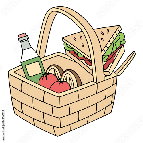 Picnic basket with sandwich and drinks tomatoes bottle
