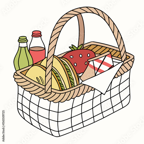 Wicker basket with food and drinks picnic basket strawberry