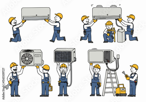 Illustrations of HVAC technicians installing, repairing, and maintaining air conditioning units in various scenes, depicting different aspects of AC service.