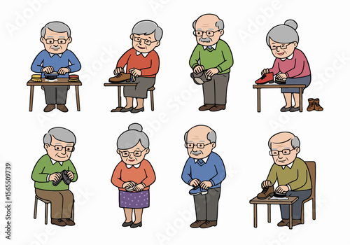Various illustrations showing elderly people polishing, cleaning, and putting on their shoes, depicting a routine of footwear care and domestic life.