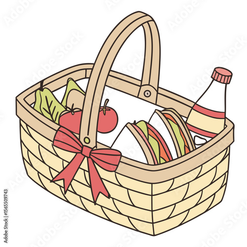 Woven basket with food and drink picnic basket sandwiches