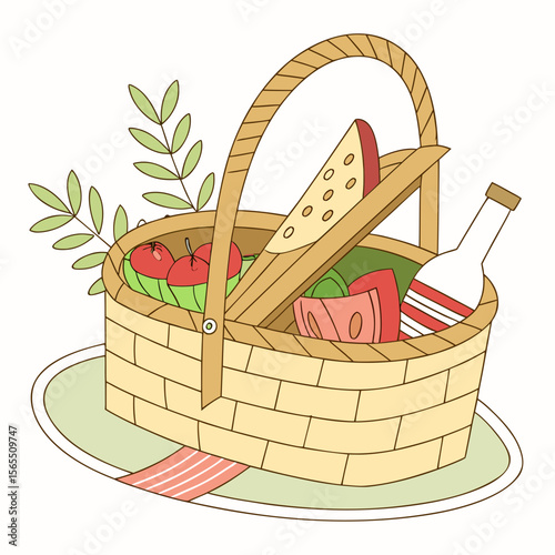 Picnic basket with food and drink watermelon tomatoes