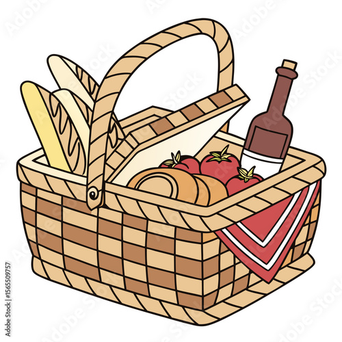 Picnic basket with food and drink bread tomatoes