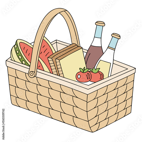 Picnic basket with watermelon and drinks bottles food