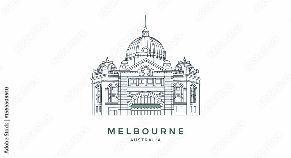 Obraz premium Detailed Line Art Illustration of Melbourne's Flinders Street Station
