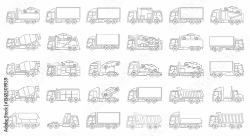 Seamless Pattern of Gray Outline Trucks: Car Carriers, Cement Mixers, and Box Trucks