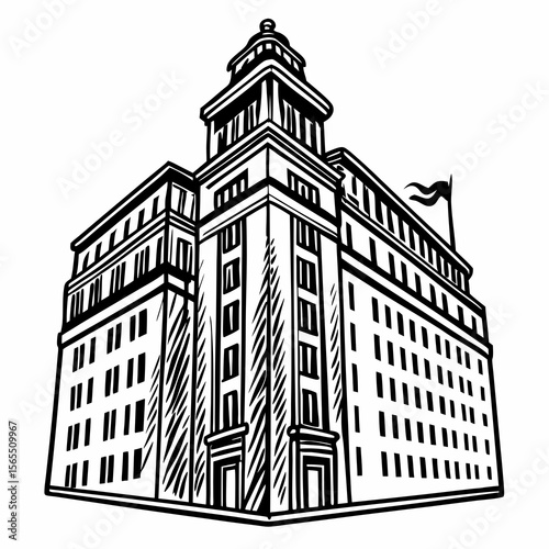 Ornate building with tower and flag architecture black and white