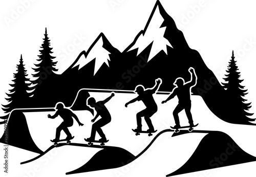 Skateboarders in Mountains Silhouette vector bundle