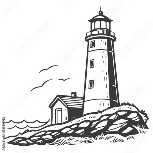 Tall lighthouse structure beside ocean waves and rocky shore