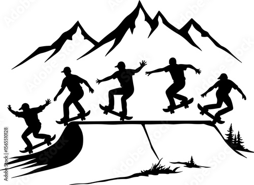 Skateboarders in Mountains Silhouette vector bundle