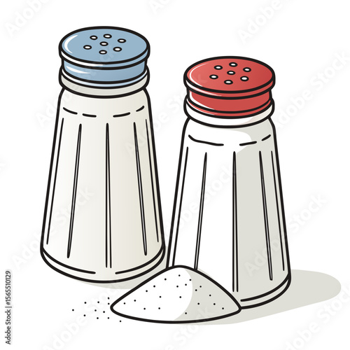 Salt and pepper shakers with spilled seasoning salt shaker