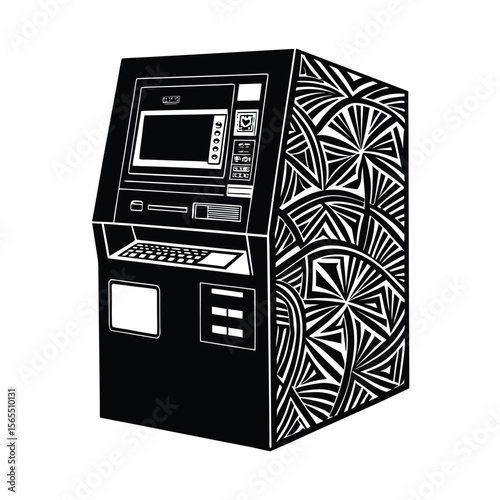 Stylized atm machine with geometric pattern silhouette vector illustration