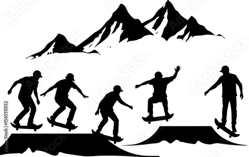 Skateboarders in Mountains Silhouette vector bundle