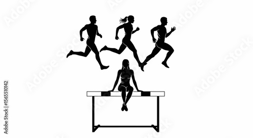 Silhouette of Athletes and Hurdler on White Background