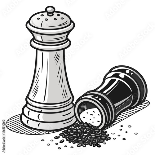 Silver and black pepper mills with scattered peppercorns