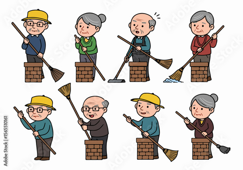 Cartoon illustrations showing various elderly men and women performing cleaning tasks with brooms and a vacuum cleaner behind brick structures.
