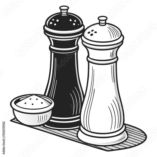 Black and white salt and pepper shakers with bowl grinders