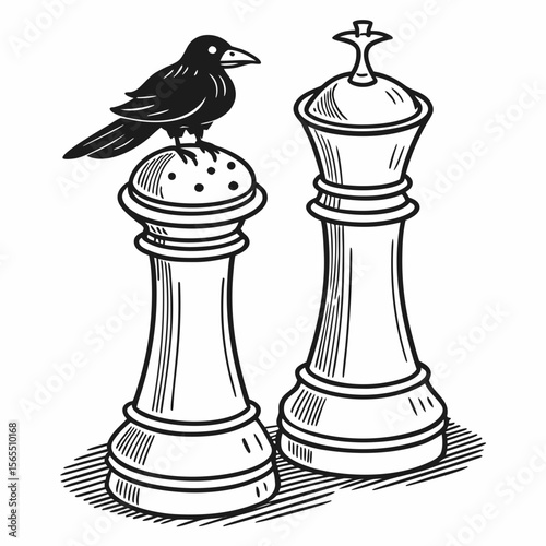 Black bird perched on salt shaker next to chess king