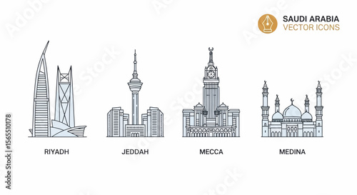 Saudi Arabia Cities Vector Icons: Riyadh, Jeddah, Mecca, Medina Landmarks