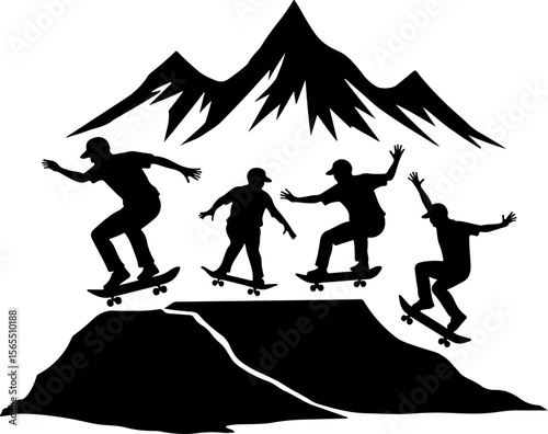Skateboarders in Mountains Silhouette vector bundle