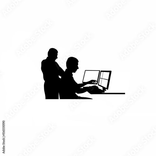 Silhouette of scientists training AI algorithms on a computer on white background